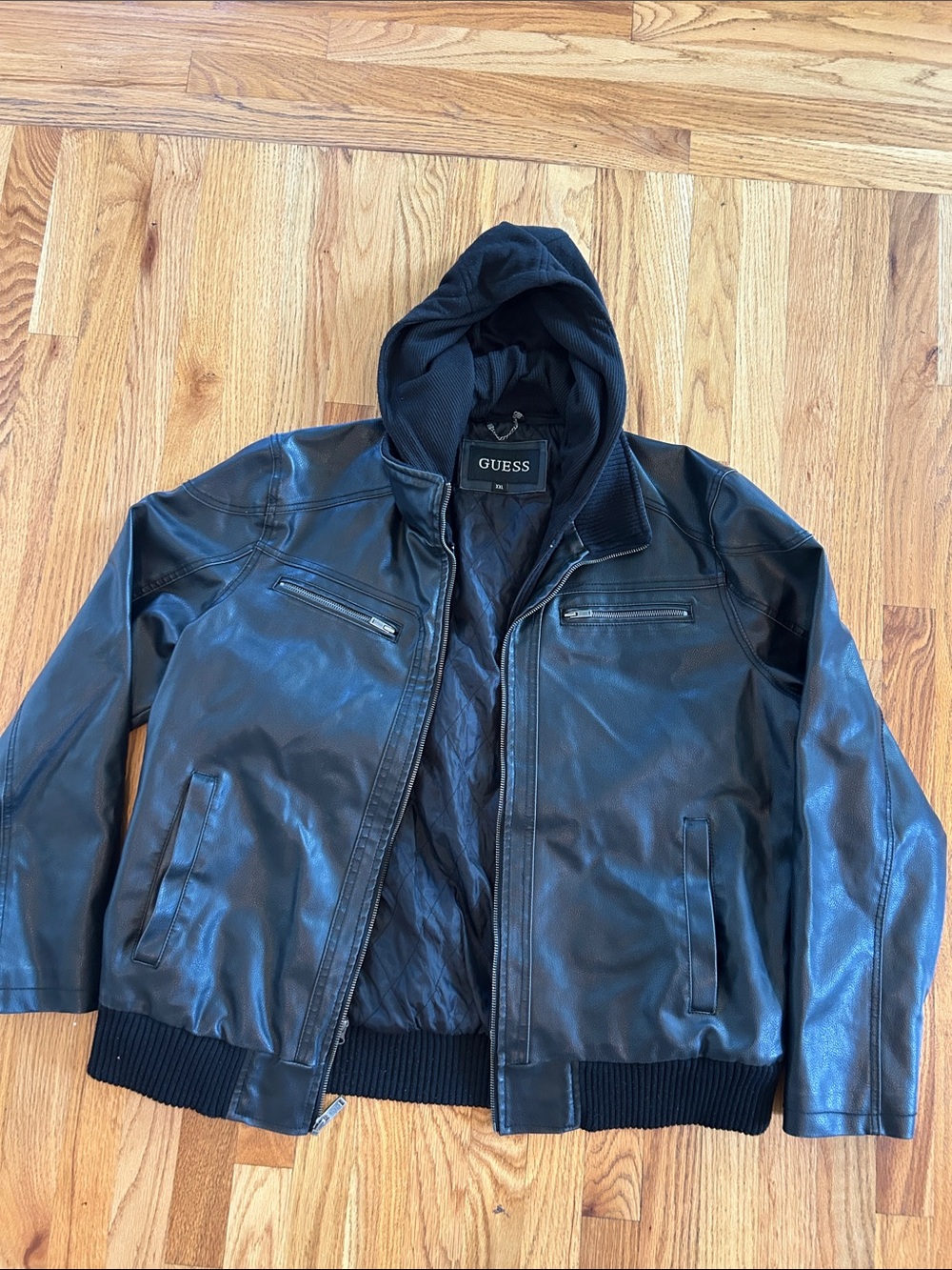 GUESS Black Faux Leather Bomber Jacket with Hood